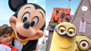 Mickey Mouse at Disney World hugs a child in front of the Despicable Me Minion Mayhem ride at Universal Orlando, blurring the lines between the two theme parks.