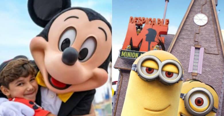 Mickey Mouse at Disney World hugs a child in front of the Despicable Me Minion Mayhem ride at Universal Orlando, blurring the lines between the two theme parks.