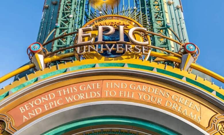 The Epic Universe portal entrance sign featuring an inspirational quote.