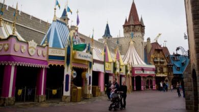 The “it’s a small world” entrance in Fantasyland at Disney World decorated for Halloween.
