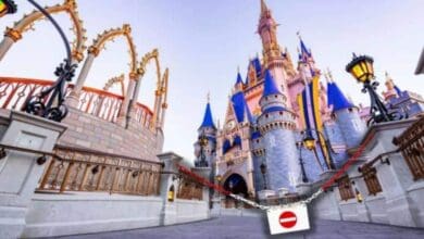 Cinderella Castle at Magic Kingdom behind a closed gate during a Walt Disney World closure.