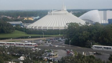 A monorail glides past Space Mountain at Magic Kingdom, a scene of stolen property in a themed play.