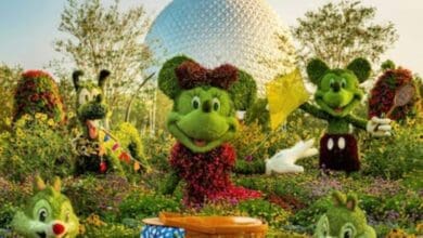 Topiary figures of Mickey, Minnie, Pluto, Chip, and Dale in front of Spaceship Earth at Disney World.