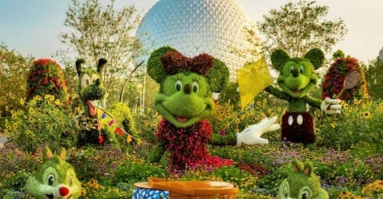 Topiary figures of Mickey, Minnie, Pluto, Chip, and Dale in front of Spaceship Earth at Disney World.