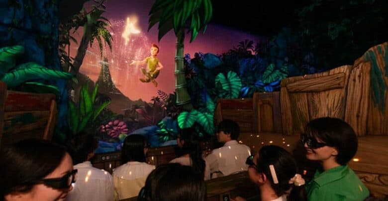 Peter Pan and Tinker Bell on the Peter Pan’s Flight attraction at Disney.