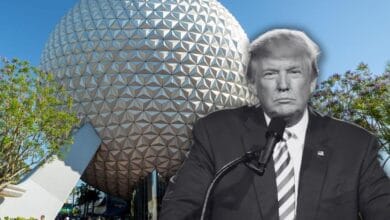 Donald Trump stands in front of Spaceship Earth at Epcot.