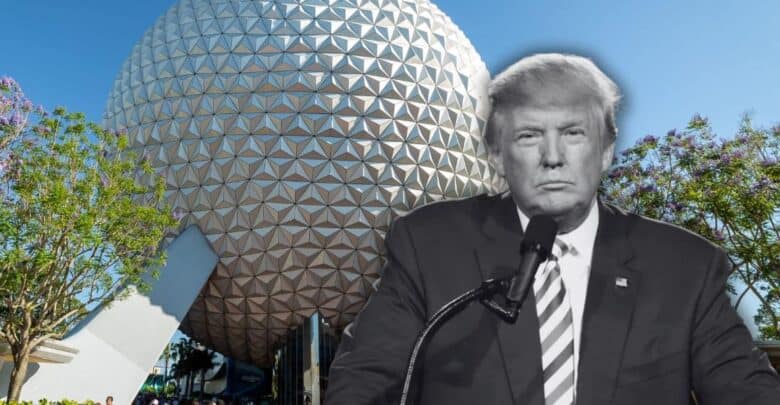 Donald Trump stands in front of Spaceship Earth at Epcot.
