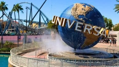 The Universal Studios globe at Universal Orlando, featuring accessible accommodations for plus-size guests.