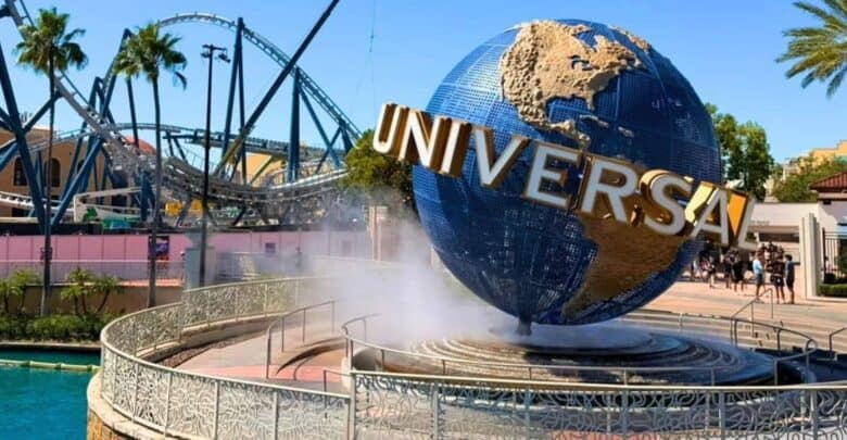 The Universal Globe entrance at Universal Orlando with a visible police presence.