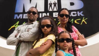 Family wearing 3D glasses at Men in Black: Alien Attack at Universal Orlando.