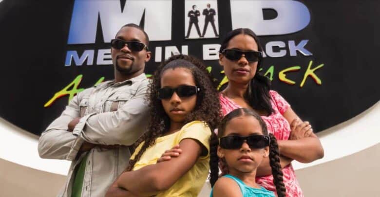 Family wearing 3D glasses at Men in Black: Alien Attack at Universal Orlando.