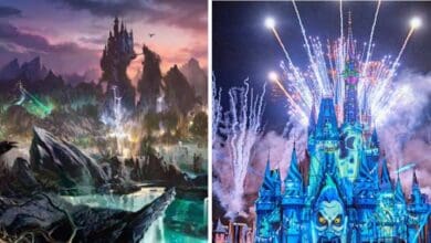 Imagineer concept art of Maleficent’s Castle beside Cinderella Castle during fireworks at Disney World.