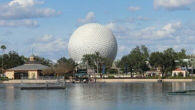 Spaceship Earth viewed from the Germany Pavilion across the World Showcase Lagoon at EPCOT.