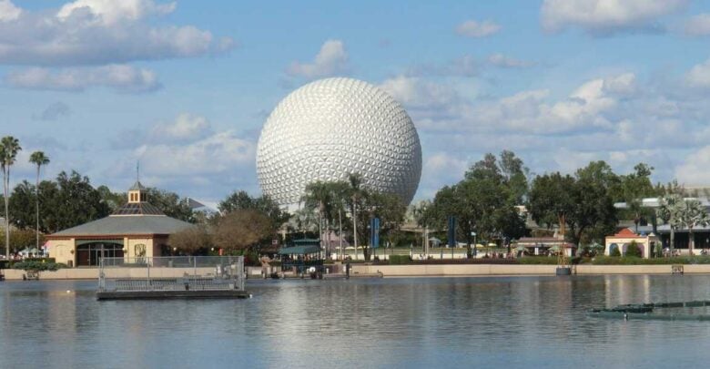 Spaceship Earth viewed from the Germany Pavilion across the World Showcase Lagoon at EPCOT.